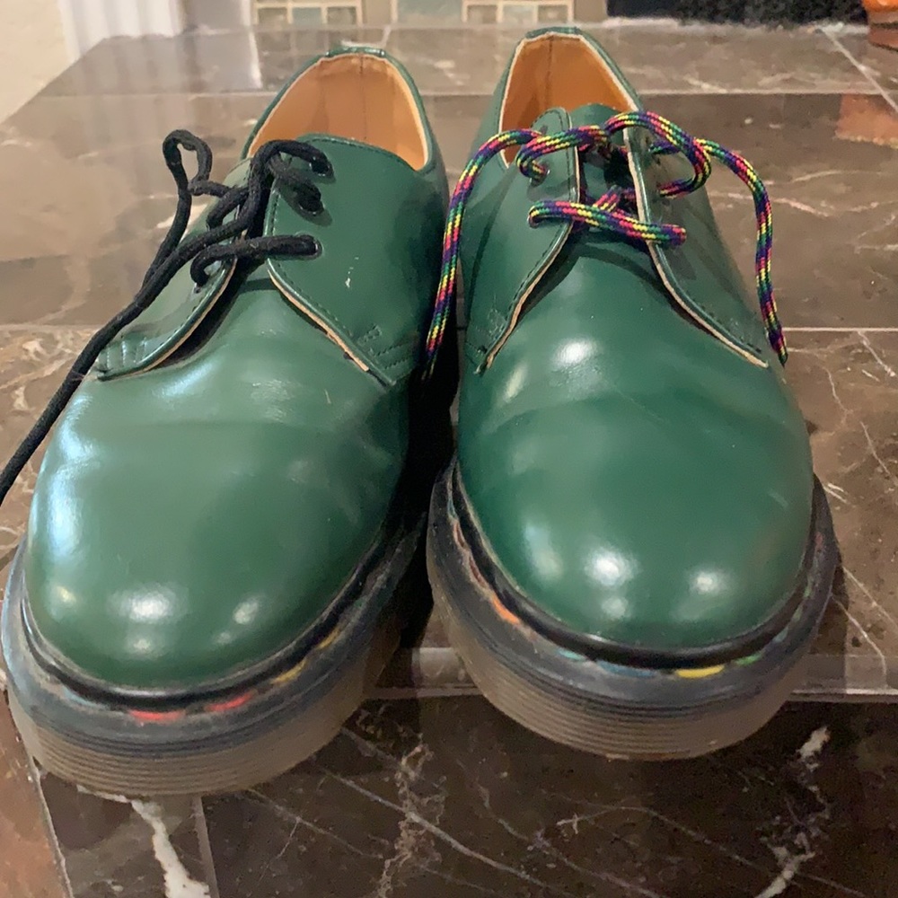 3 eyelet green Dr. Martens with rainbow stitching